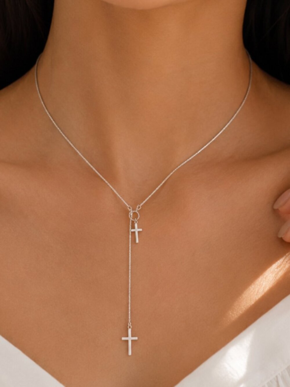 925 Sterling Silver Lariat Cross Necklace Cross Long Drop Necklace
